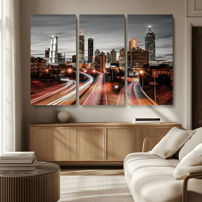 59097239-MGV-CV-36X24-City Skyline Wall Art – Modern Black and White Night Canvas Print with Red Light Trails, Urban Landscape Decor for Living Room or