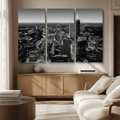 46578567-MGV-CV-36X24-Atlanta Skyline Wall Art – Black and White Cityscape Canvas Print, Modern Urban Night Decor for Office, Living Room, or Apartment