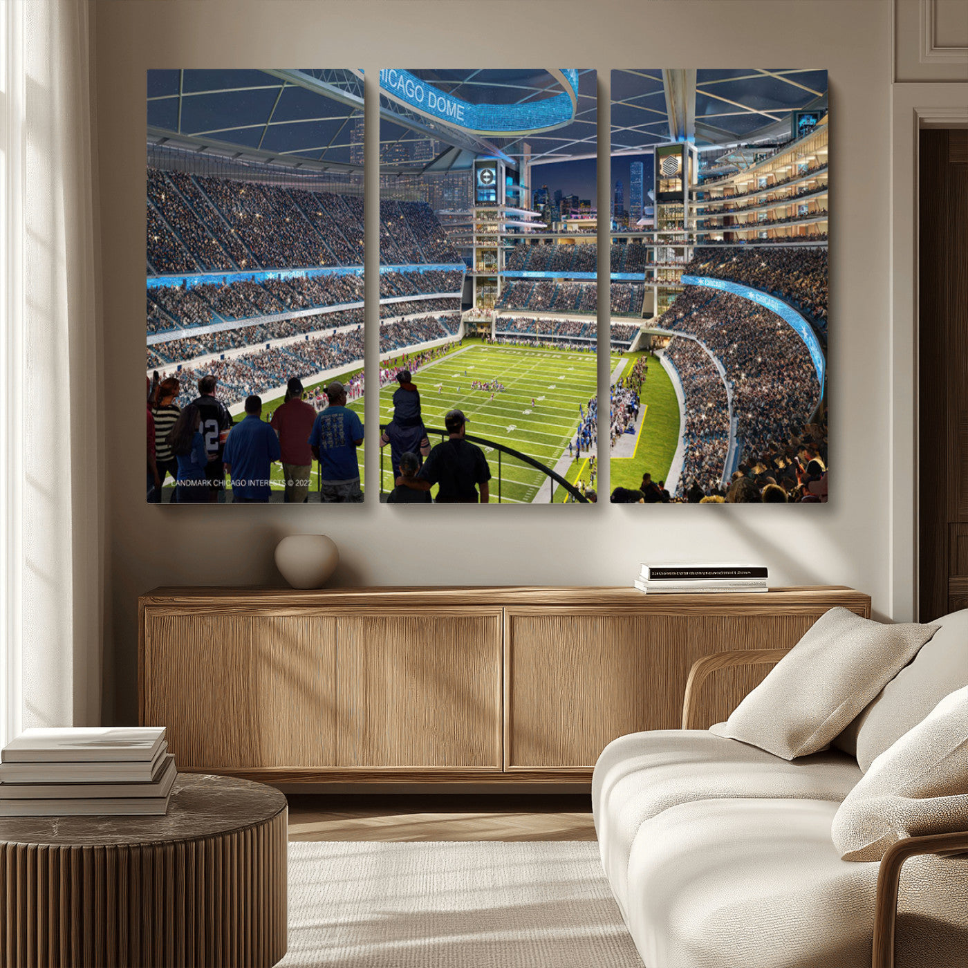 41816511-MGV-CV-36X24-Chicago Dome Stadium Wall Art – Futuristic Football Arena Canvas Print, Modern Sports Fan Decor for Man Cave, Office, Bar, or
