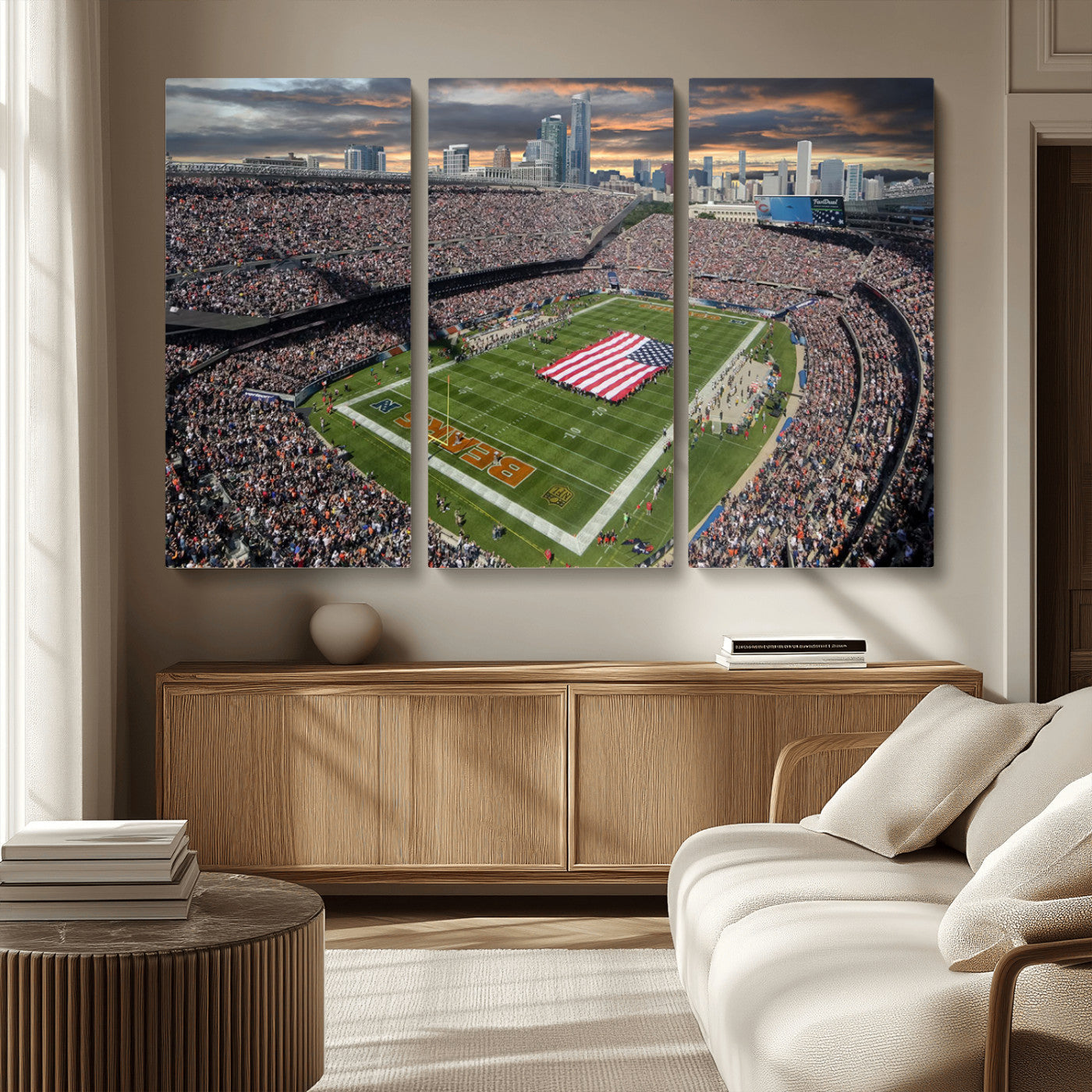 98106777-MGV-CV-36X24-Soldier Field Wall Art – Chicago Bears Stadium Canvas Print with American Flag, Game Day Football Decor for Man Cave, Bar, or