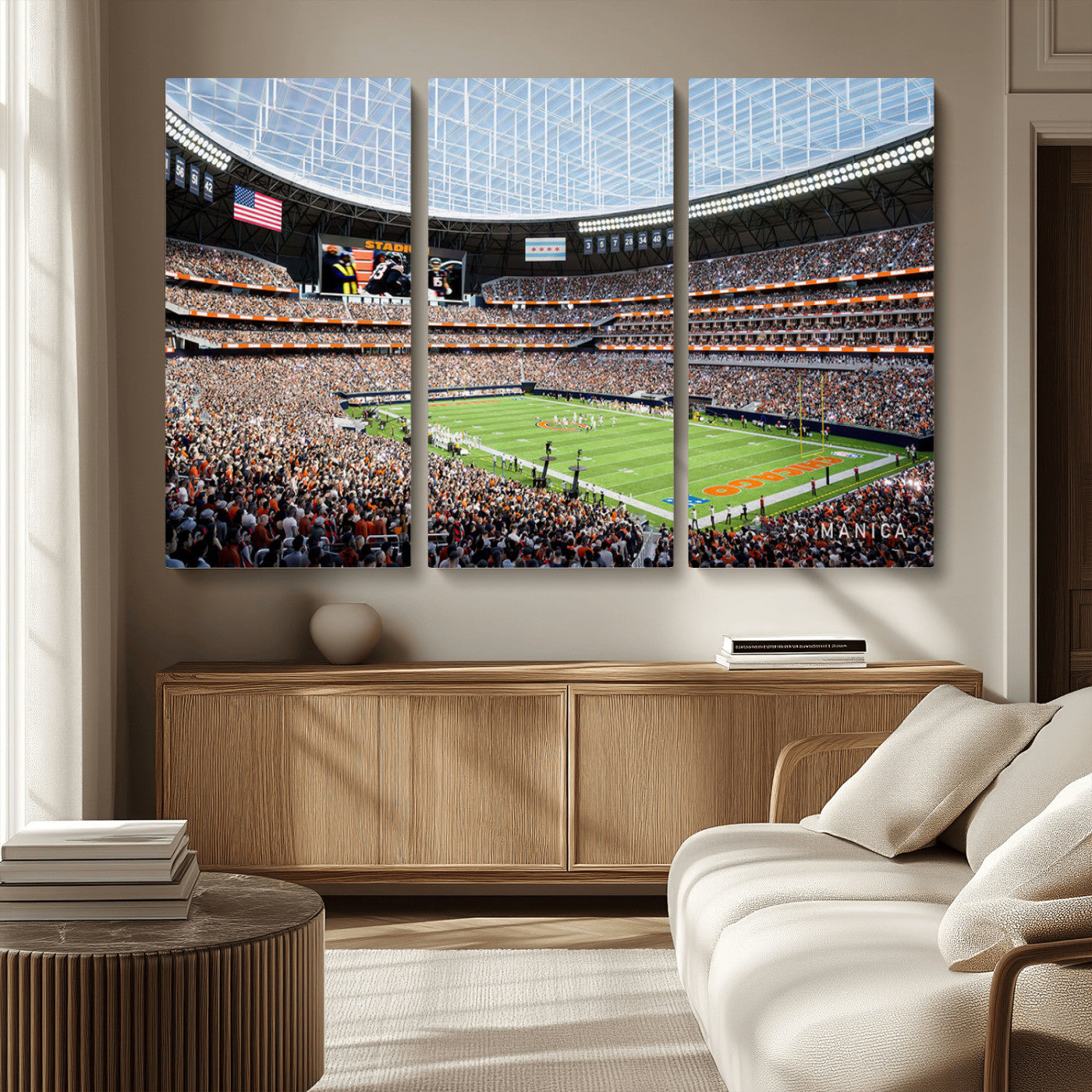 32530647-MGV-CV-36X24-Chicago Bears Stadium Wall Art – Futuristic Dome Arena Canvas Print, Modern Football Concept Design Decor for Man Cave, Bar, or