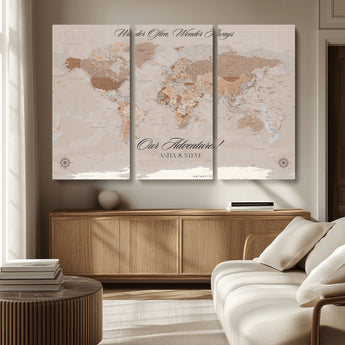 95243244-MGV-CV-36X24-Wander Often Wonder Always World Map Wall Art – Neutral Beige Adventure Canvas Print, Rustic Boho Travel Decor for Bedroom, Living
