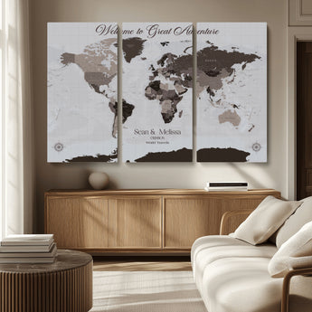 43749658-MGV-CV-36X24-Welcome to Great Adventure World Map Wall Art – Charcoal Gray Canvas Print, Rustic Travel Decor for Living Room, Study, Office or