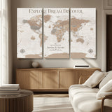 63516865-MGV-CV-36X24-Explore Dream Discover World Map Wall Art – Inspirational Travel Adventure Canvas Print, Neutral Parchment Style Explorer Decor