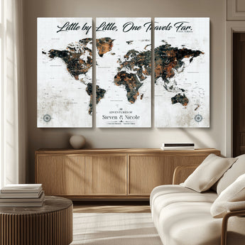 88337180-MGV-CV-36X24-Little by Little One Travels Far Tolkien Quote World Map Rustic Black Brown Adventure Wall Art Canvas Print for Home Office Living