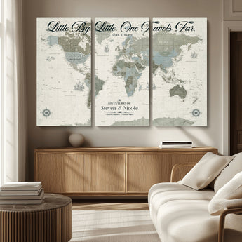 10693204-MGV-CV-48X32-3P-Little By Little One Travels Far Tolkien Quote Blue Green World Map Adventure Wall Art Canvas Print Rustic Wanderlust Travel Decor