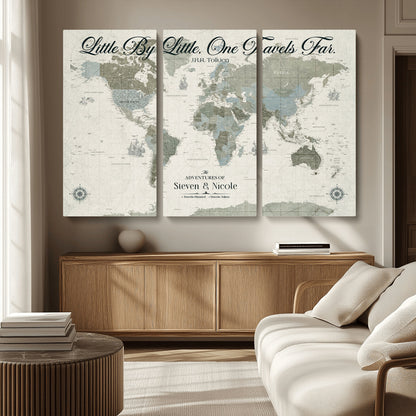10693204-MGV-CV-48X32-3P-Little By Little One Travels Far Tolkien Quote Blue Green World Map Adventure Wall Art Canvas Print Rustic Wanderlust Travel Decor