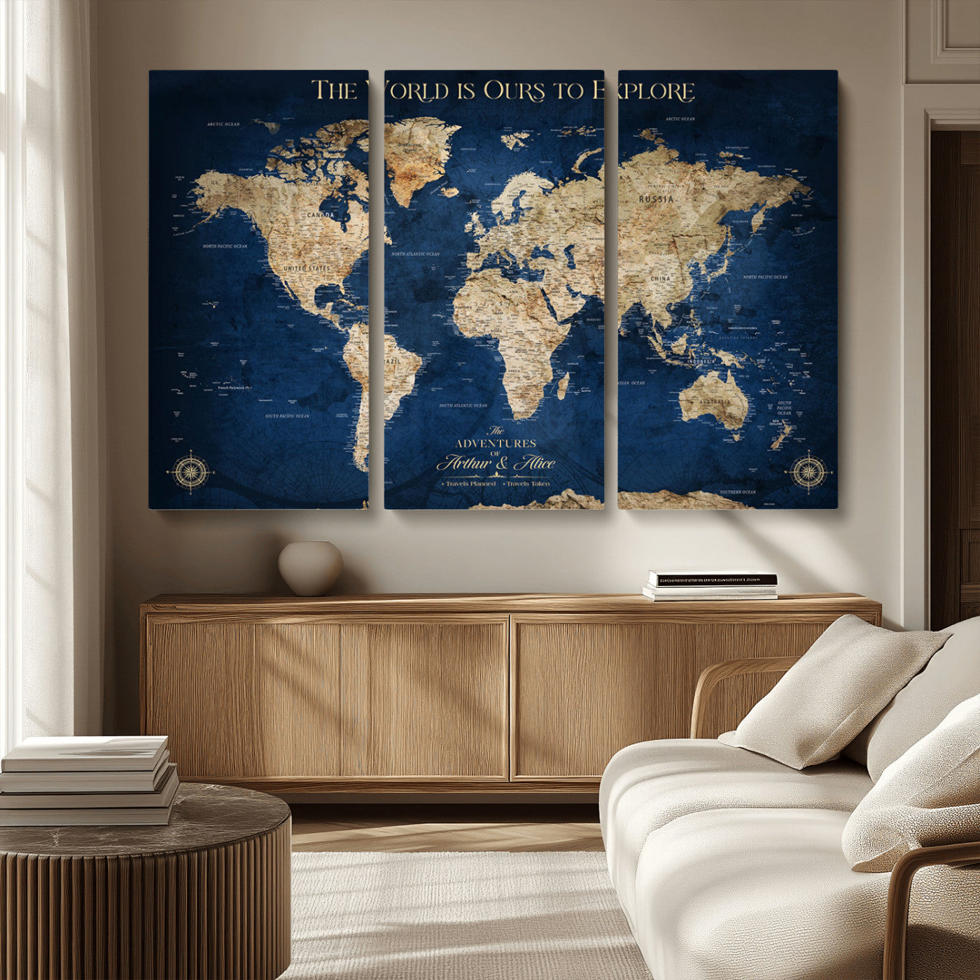 54782997-MGV-CV-36X24-The World is Ours to Explore Wall Art – Blue World Map Canvas Print, Adventure Travel Decor for Home, Office or Living Room,