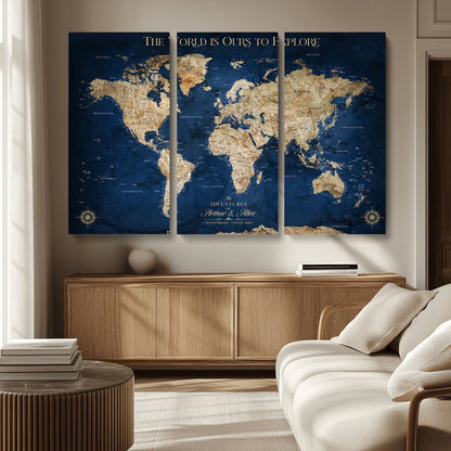 54782997-MGV-CV-36X24-The World is Ours to Explore Wall Art – Blue World Map Canvas Print, Adventure Travel Decor for Home, Office or Living Room,