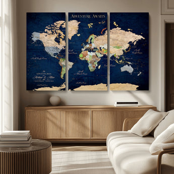 43160428-MGV-CV-36X24-Adventure Awaits Navy Blue World Map – Vibrant Travel Canvas Wall Art, Antique Atlas Print, Wanderlust Decor for Home Office