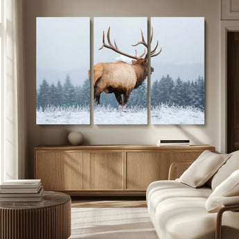 85177251-MGV-CV-36X24-Elk Wall Art – Majestic Wildlife Canvas Print of Bull Elk Snowy Forest, Rustic Nature Decor for Living Room, Cabin, or Office