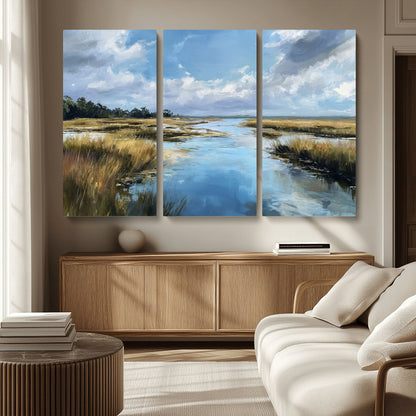 87082041-MGV-CV-36X24-Painted Marshland Canvas Wall Art – Serene Water Reflection, Blue Sky, Golden Grass Landscape, Calm Nature Decor for Home, Office,
