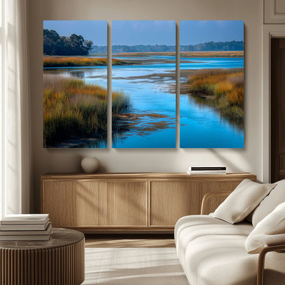 26300004-MGV-CV-36X24-Tranquil Marshland Canvas Wall Art – Blue Water, Reflective Sky, Golden Grasses, Calm Nature Landscape, Scenic Outdoor Beauty for