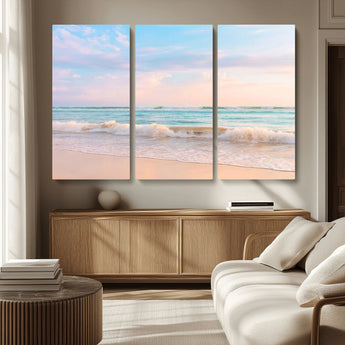 88024944-MGV-CV-36X24-Serene Ocean Waves Canvas Wall Art – Pastel Sky, Soft Sand Beach, Tranquil Seascape, Calm Water Coastal Nature, Relaxing Peaceful