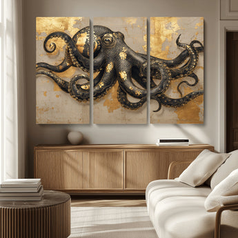 57944271-MGV-CV-36X24-Octopus Wall Art – Black and Gold Nautical Canvas Print, Modern Ocean Inspired Artwork with Elegant Detailing, Coastal Marine