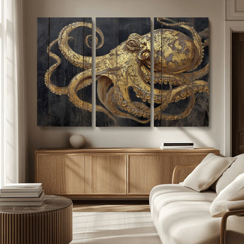 47056538-MGV-CV-36X24-Octopus Canvas Wall Art – Gold Detail, Wooden Texture, Marine Life, Ocean Creature Tentacles, Nautical Coastal Rustic Decor for
