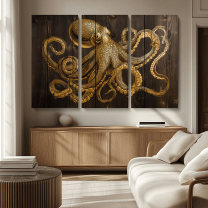 56769669-MGV-CV-36X24-Octopus Wall Art – Gold Nautical Canvas Print with Rustic Wood Panel Design, Detailed Marine Artwork for Coastal Ocean Decoration
