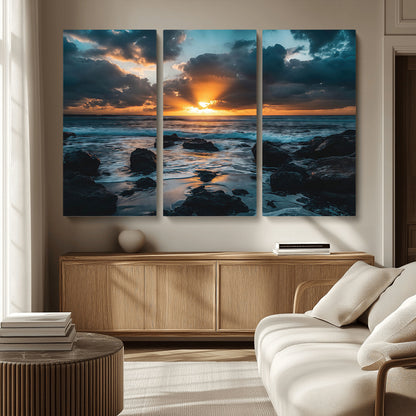 66040852-MGV-CV-36X24-Ocean Sunset Canvas Wall Art – Rocky Shore Waves, Dramatic Clouds, Golden Sun Rays, Coastal Nature, Serene Water Reflection for