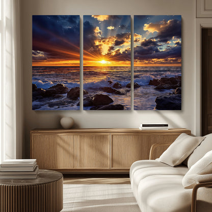 35900590-MGV-CV-36X24-Ocean Sunset Wall Art – Vivid Seascape Canvas Print with Sunburst Sky, Crashing Waves and Rocky Shore, Dramatic Coastal