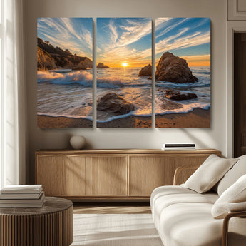 85659923-MGV-CV-36X24-Ocean Sunset Wall Art – Dramatic Seascape Canvas Print with Cliffs, Crashing Waves and Golden Sky, Bold Coastal Photography for