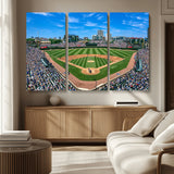 56213978-MGV-CV-36X24-Baseball Stadium Wall Art – Panoramic Ballpark Canvas Print with Fans, Green Field and City Skyline, Classic Sports Photography