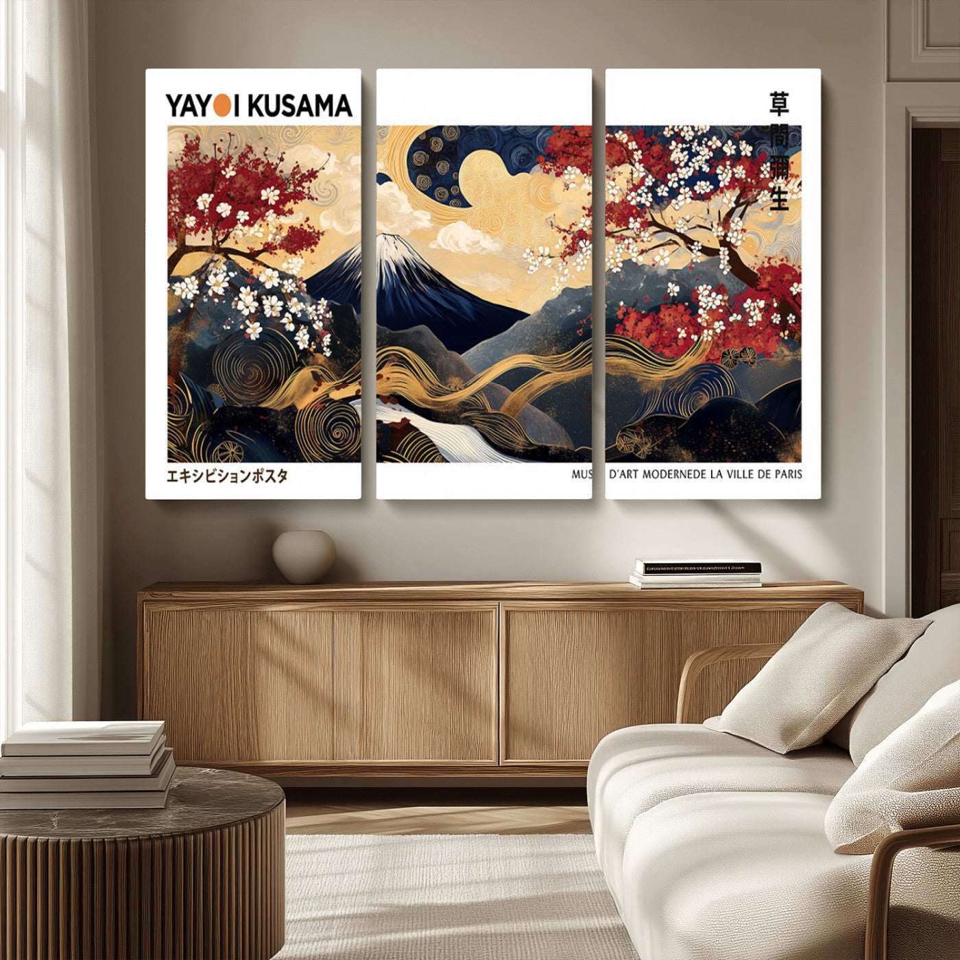 28945903-MGV-CV-36X24-Yayoi Kusama Inspired Japanese Art Canvas Print – Framed Floral & Mt. Fuji Wall Decor, Modern Asian Style Canvas for Home, Office,