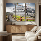34632598CRY-MGV-CV-36X24-Cherry Blossom Wall Art – Scenic Asian Landscape Canvas Print with Wooden Walkway, Misty Mountains and Sunrise, Serene Nature