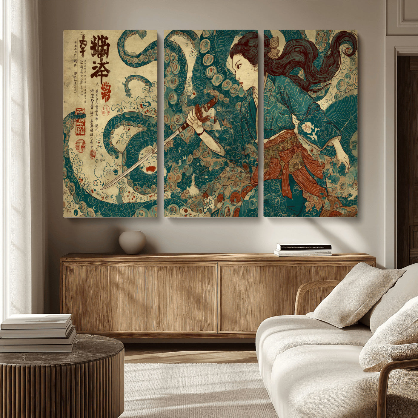 46837670-MGV-CV-36X24-Tsukioka Yoshitoshi Samurai Wall Art Print, Japanese Katana Warrior Canvas Wall Art, Octopus Sea Monster Canvas Print,