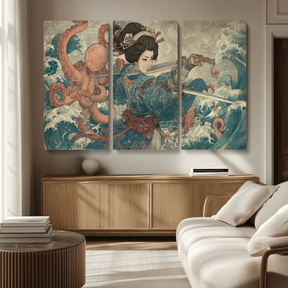 52037775-MGV-CV-36X24-Tsukioka Yoshitoshi Samurai Wall Art Print, Japanese Katana Warrior Canvas Wall Art, Octopus Sea Monster Canvas Print,
