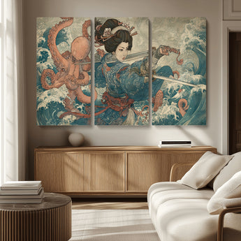 52037775-MGV-CV-36X24-Samurai Woman Wall Art – Japanese Ukiyo e Style Canvas Print with Katana, Ocean Waves and Octopus, Traditional Asian Inspired