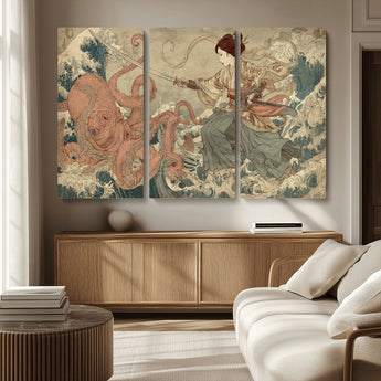 54879547-MGV-CV-36X24-Tsukioka Yoshitoshi Samurai Wall Art Print, Japanese Katana Warrior Canvas Wall Art, Octopus Sea Monster Canvas Print,