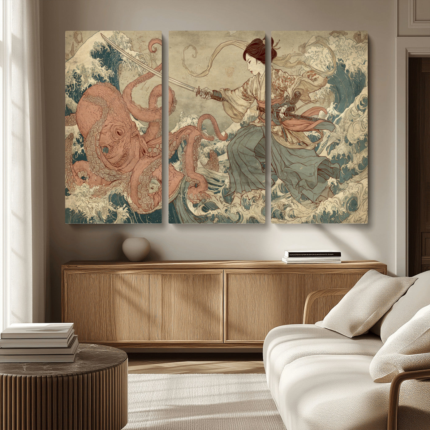 54879547-MGV-CV-36X24-Samurai Woman Wall Art – Japanese Ukiyo-e Style Canvas Print with Katana and Octopus, Traditional Asian Inspired Battle Artwork