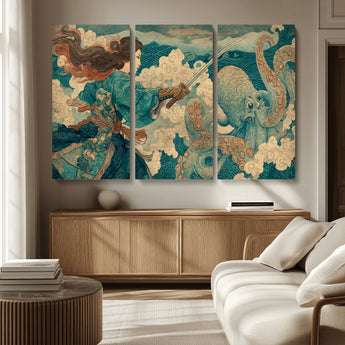 37943964-MGV-CV-36X24-Samurai Warrior vs Octopus Wall Art – Japanese Ukiyo-e Style Canvas Print, Ocean Battle Scene Artwork for Living Room, Office, Man