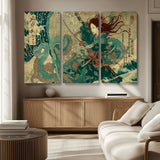 86918027-MGV-CV-36X24-Tsukioka Yoshitoshi Samurai Wall Art Print, Japanese Katana Warrior Canvas Wall Art, Octopus Sea Monster Canvas Print,