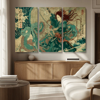 86918027-MGV-CV-36X24-Samurai Warrior vs Octopus Wall Art – Japanese Ukiyo-e Ocean Battle Canvas Print, Traditional Samurai Artwork for Living Room,