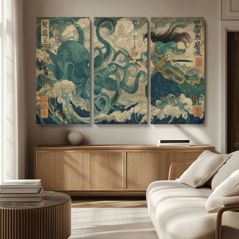 60346622-MGV-CV-36X24-Tsukioka Yoshitoshi Samurai Wall Art Print, Japanese Katana Warrior Canvas Wall Art, Octopus Sea Monster Canvas Print,