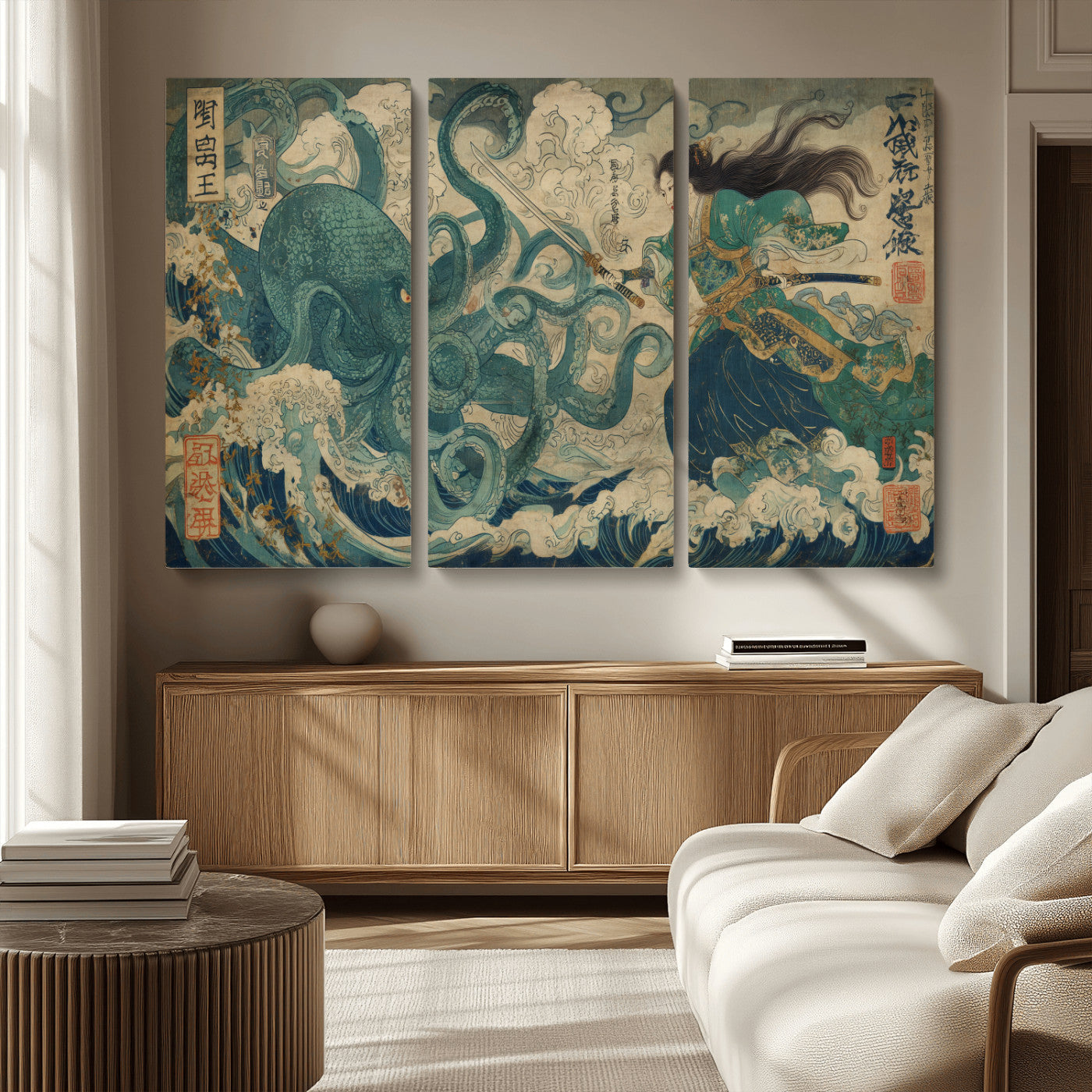 60346622-MGV-CV-48X32-3P-Samurai Warrior vs Octopus Wall Art – Japanese Ukiyo-e Style Ocean Battle Canvas Print, Traditional Samurai Artwork for Living