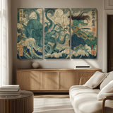 60346622-MGV-CV-48X32-3P-Samurai Warrior vs Octopus Wall Art – Japanese Ukiyo-e Style Ocean Battle Canvas Print, Traditional Samurai Artwork for Living