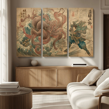63782167-MGV-CV-36X24-Tsukioka Yoshitoshi Samurai Wall Art Print, Japanese Katana Warrior Canvas Wall Art, Octopus Sea Monster Canvas Print,