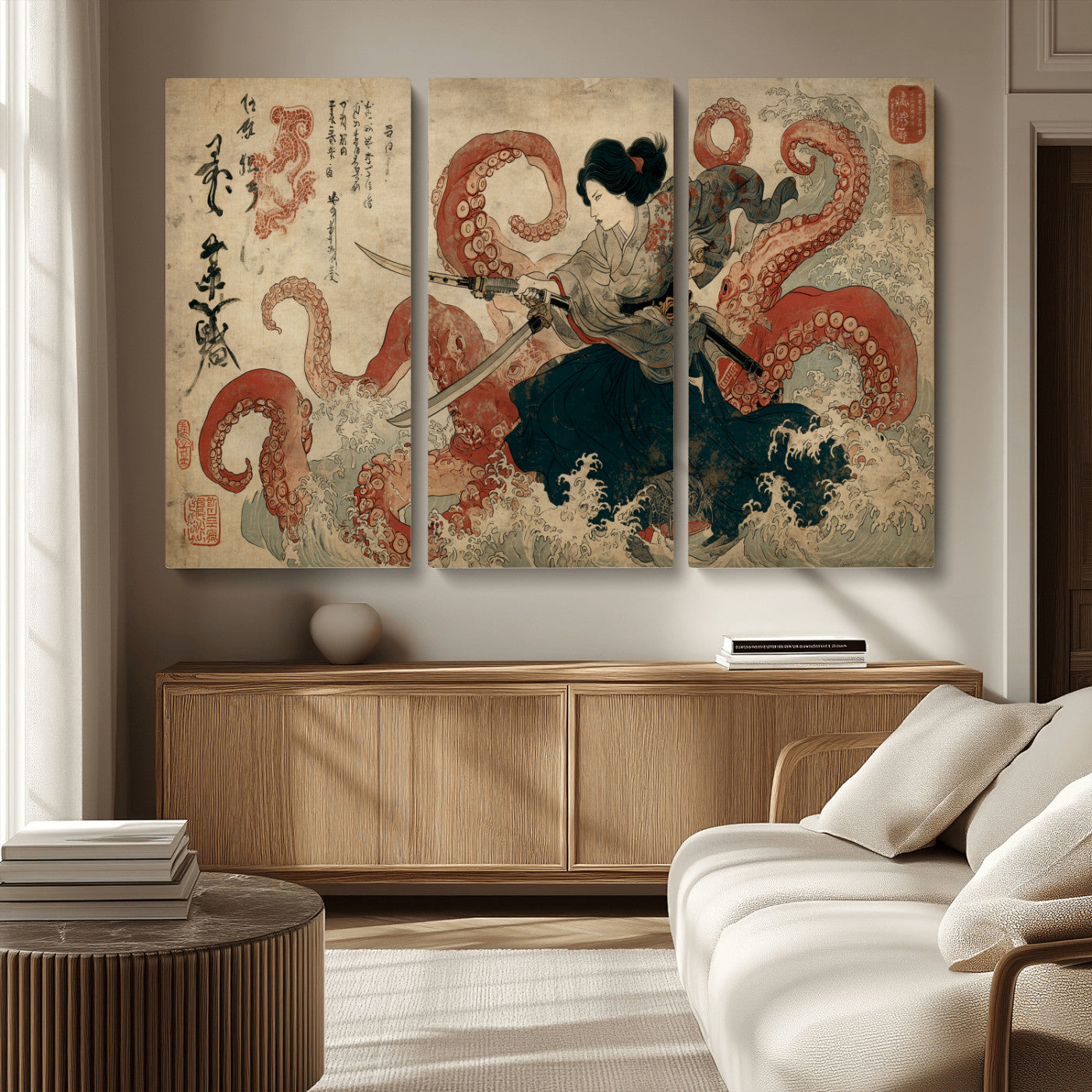 50812504-MGV-CV-36X24-Tsukioka Yoshitoshi Samurai Wall Art Print, Japanese Katana Warrior Canvas Wall Art, Octopus Sea Monster Canvas Print,