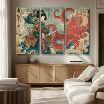 68844327-MGV-CV-36X24-Tsukioka Yoshitoshi Samurai Wall Art Print, Japanese Katana Warrior Canvas Wall Art, Octopus Sea Monster Canvas Print,
