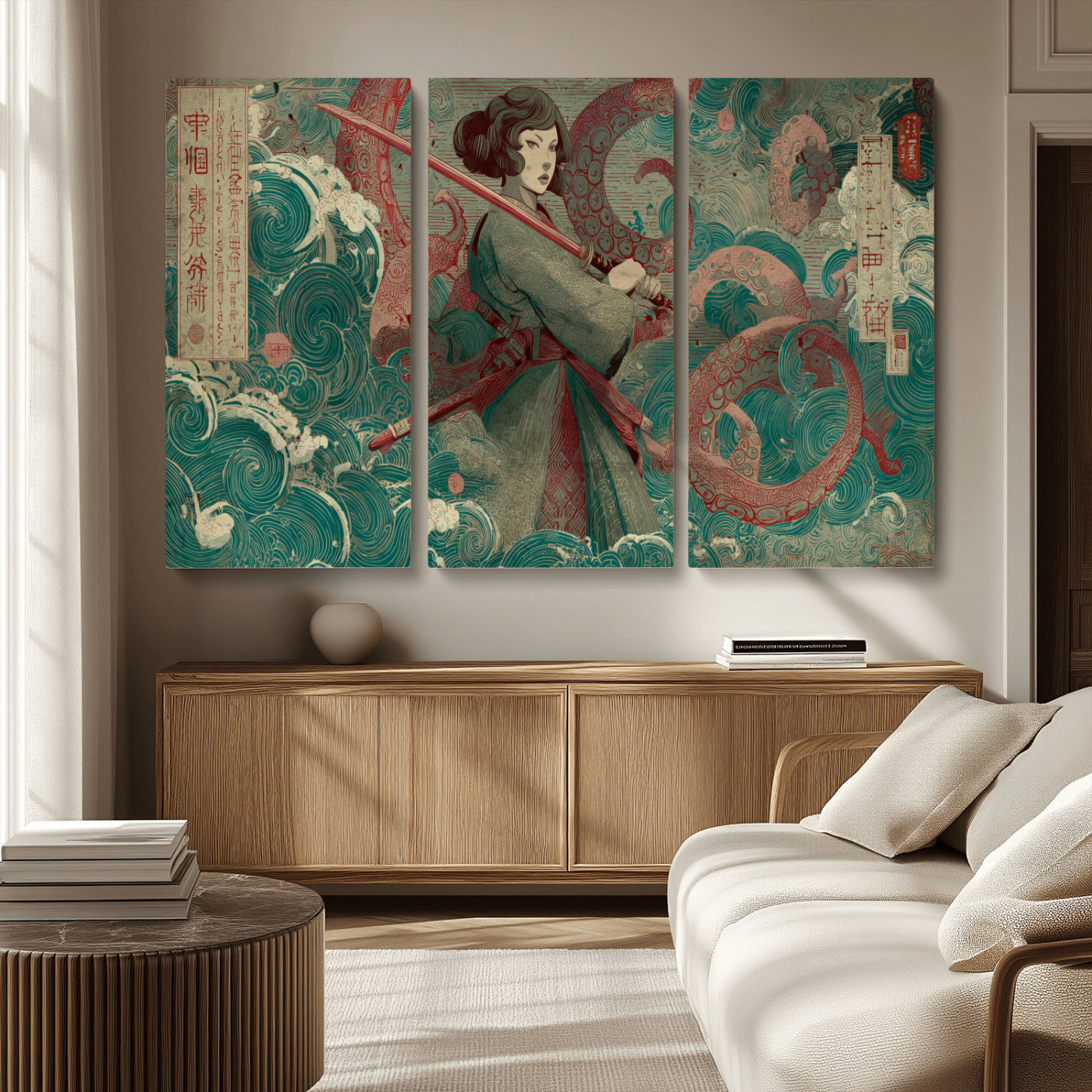 91666601-MGV-CV-36X24-Samurai Woman vs Octopus Wall Art – Japanese Ukiyo-e Green Robe Canvas Print, Ocean Battle Artwork for Living Room, Office, Man