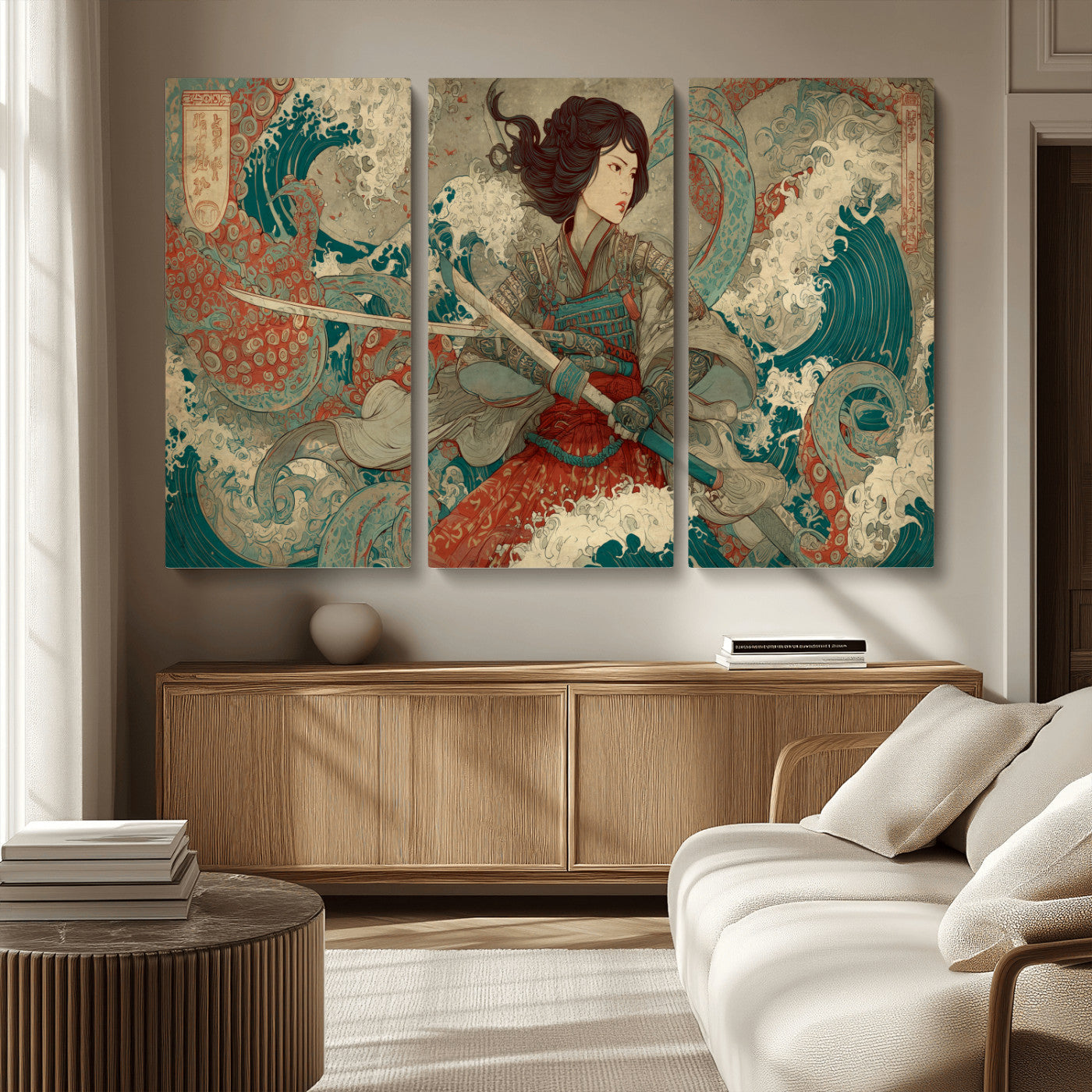 37797255-MGV-CV-36X24-Samurai Woman vs Octopus Wall Art – Japanese Ukiyo-e Red Armor Ocean Battle Canvas Print, Warrior Artwork for Living Room, Office,
