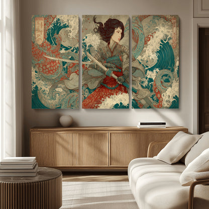 37797255-MGV-CV-36X24-Samurai Woman vs Octopus Wall Art – Japanese Ukiyo-e Red Armor Ocean Battle Canvas Print, Warrior Artwork for Living Room, Office,