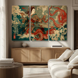 60201267-MGV-CV-36X24-Samurai Woman vs Octopus Wall Art – Japanese Ukiyo-e Armor Canvas Print, Red Tentacle Ocean Battle Artwork for Living Room,