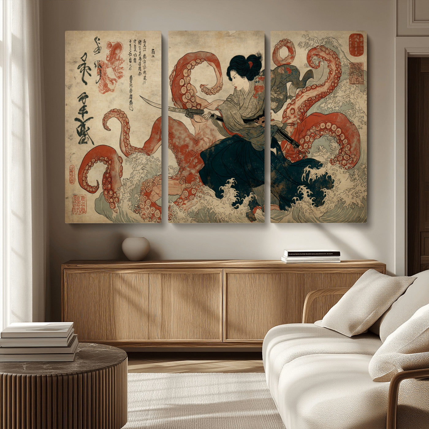 82737246-MGV-CV-36X24-Samurai Woman vs Octopus Wall Art – Japanese Ukiyo-e Dual Sword Canvas Print, Red Tentacle Ocean Battle Artwork for Living Room,
