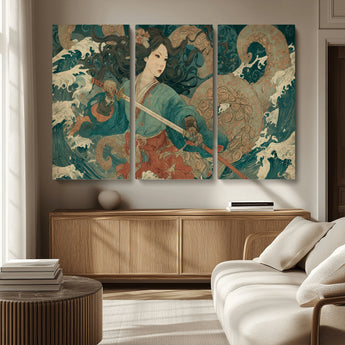 79740258-MGV-CV-36X24-Samurai Woman vs Octopus Wall Art – Japanese Ukiyo-e Blue Kimono Canvas Print, Ocean Battle Artwork for Living Room, Office, Man