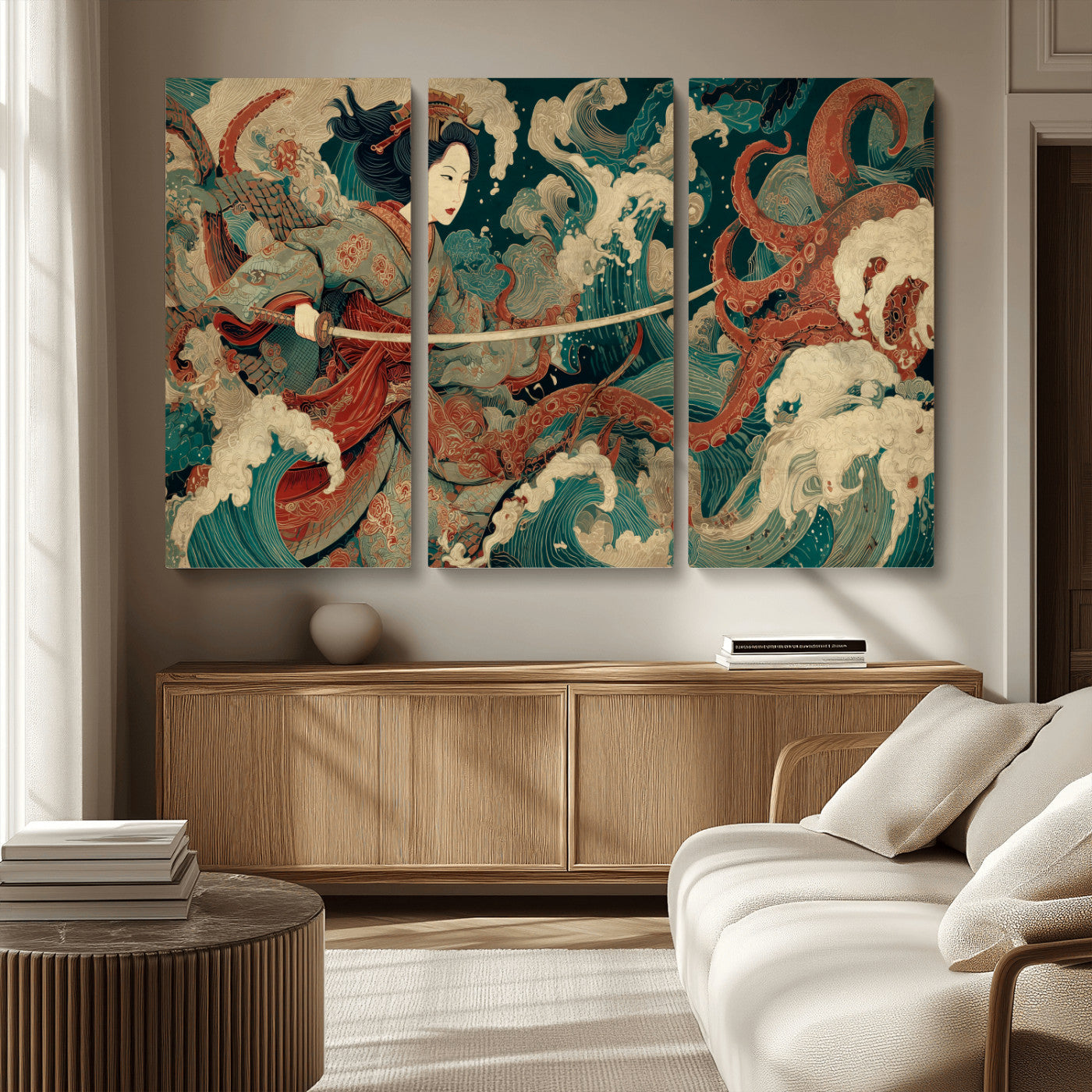 30212982-MGV-CV-36X24-Samurai Woman vs Octopus Wall Art – Japanese Ukiyo-e Style Warrior and Sea Monster Canvas Print, Mythology Inspired Artwork for