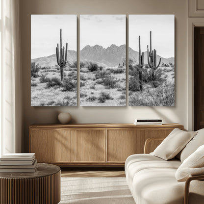 97436PHN-MGV-CV-36X24-Desert Landscape Wall Art – Black and White Cactus and Mountain Canvas Print, Southwestern Nature Photography for Living Room,