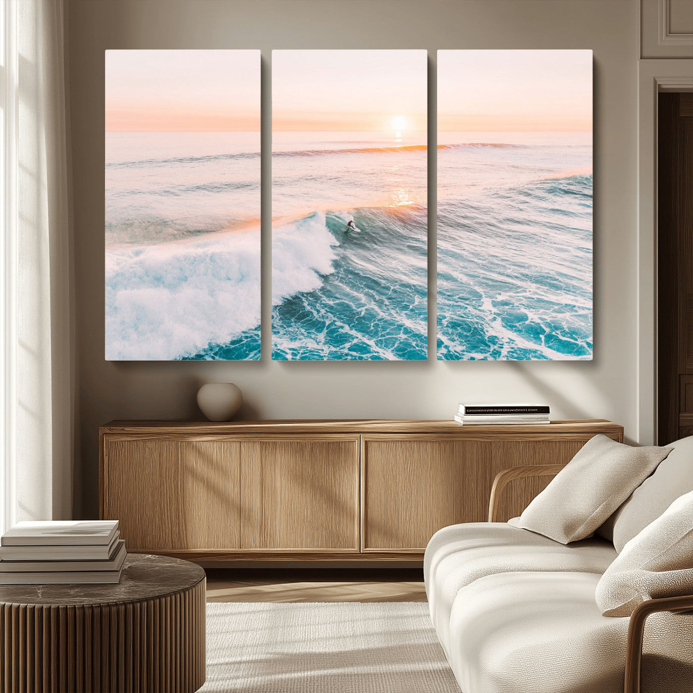 34064591-MGV-CV-36X24-Surfing Wall Art – Sunset Ocean Wave Canvas Print, Surfer Riding Sea Photography Decor for Bedroom, Living Room, Office, Coastal